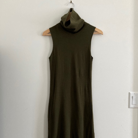 meg Olive Green Wool Designer Turtleneck Dress - Picture 7 of 8